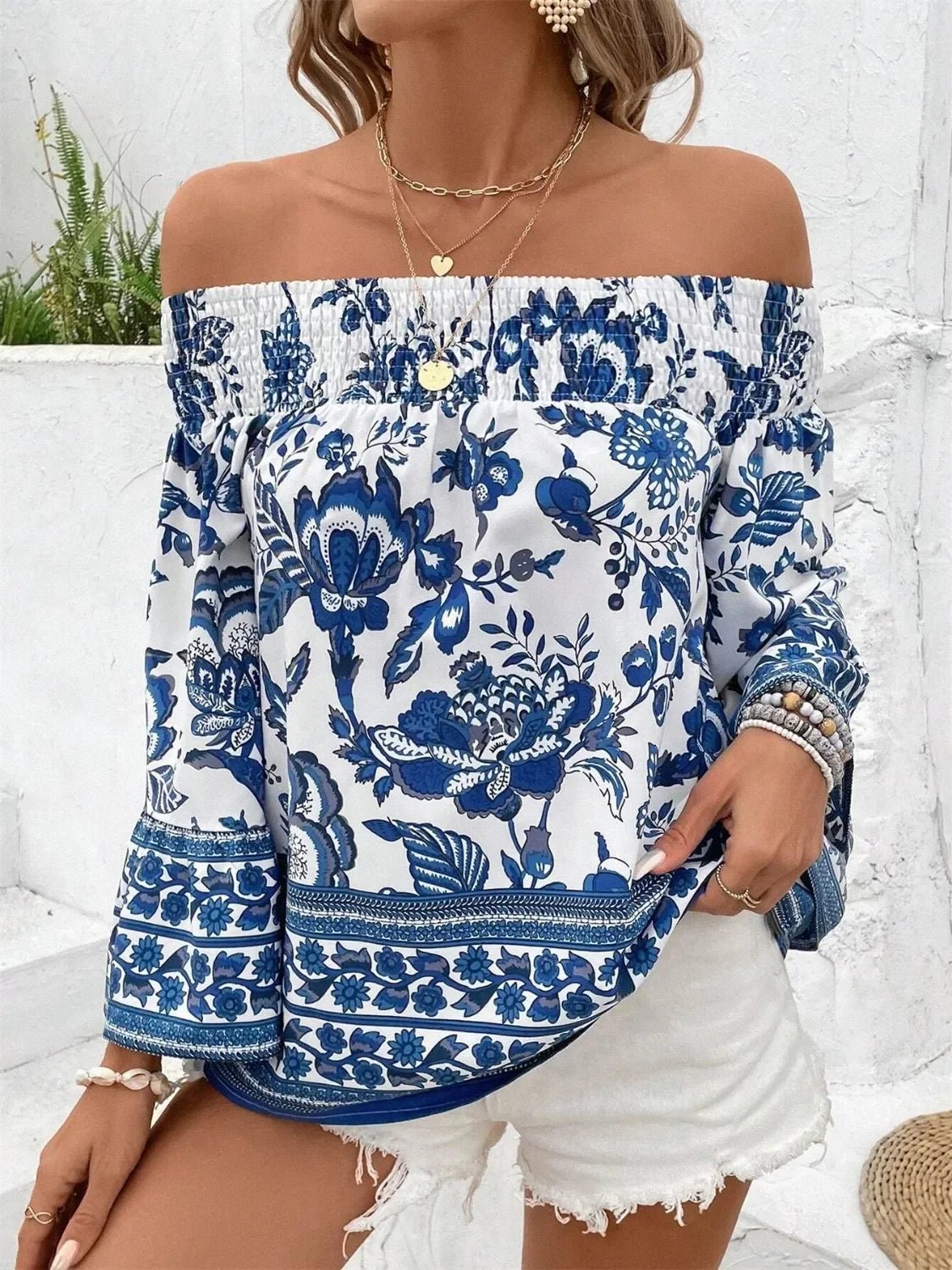 Women's Smocked Printed Off-Shoulder Blouse - Bohemian Floral Design - minbolu -