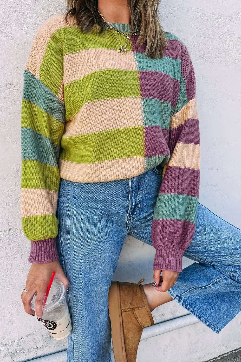 Women's Sweater - Green Stripe Colorblock Drop Shoulder - minbolu -