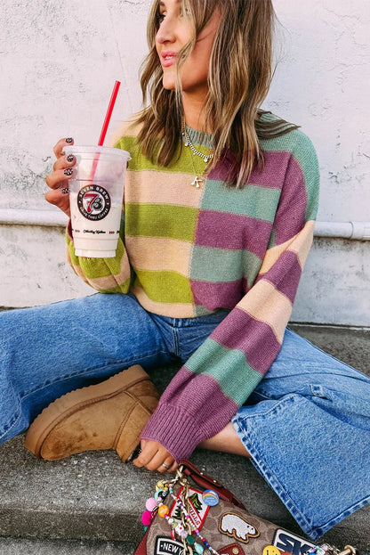 Women's Sweater - Green Stripe Colorblock Drop Shoulder - minbolu -