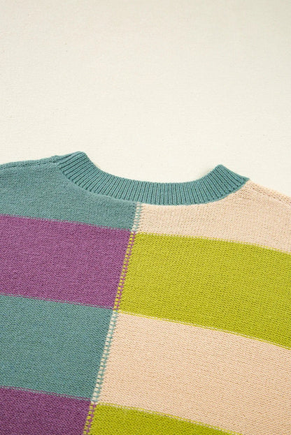 Women's Sweater - Green Stripe Colorblock Drop Shoulder - minbolu -