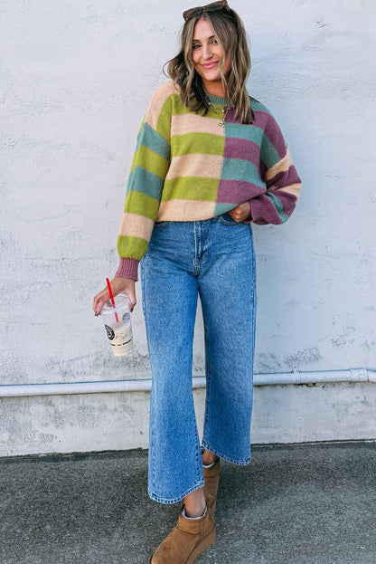 Women's Sweater - Green Stripe Colorblock Drop Shoulder - minbolu -