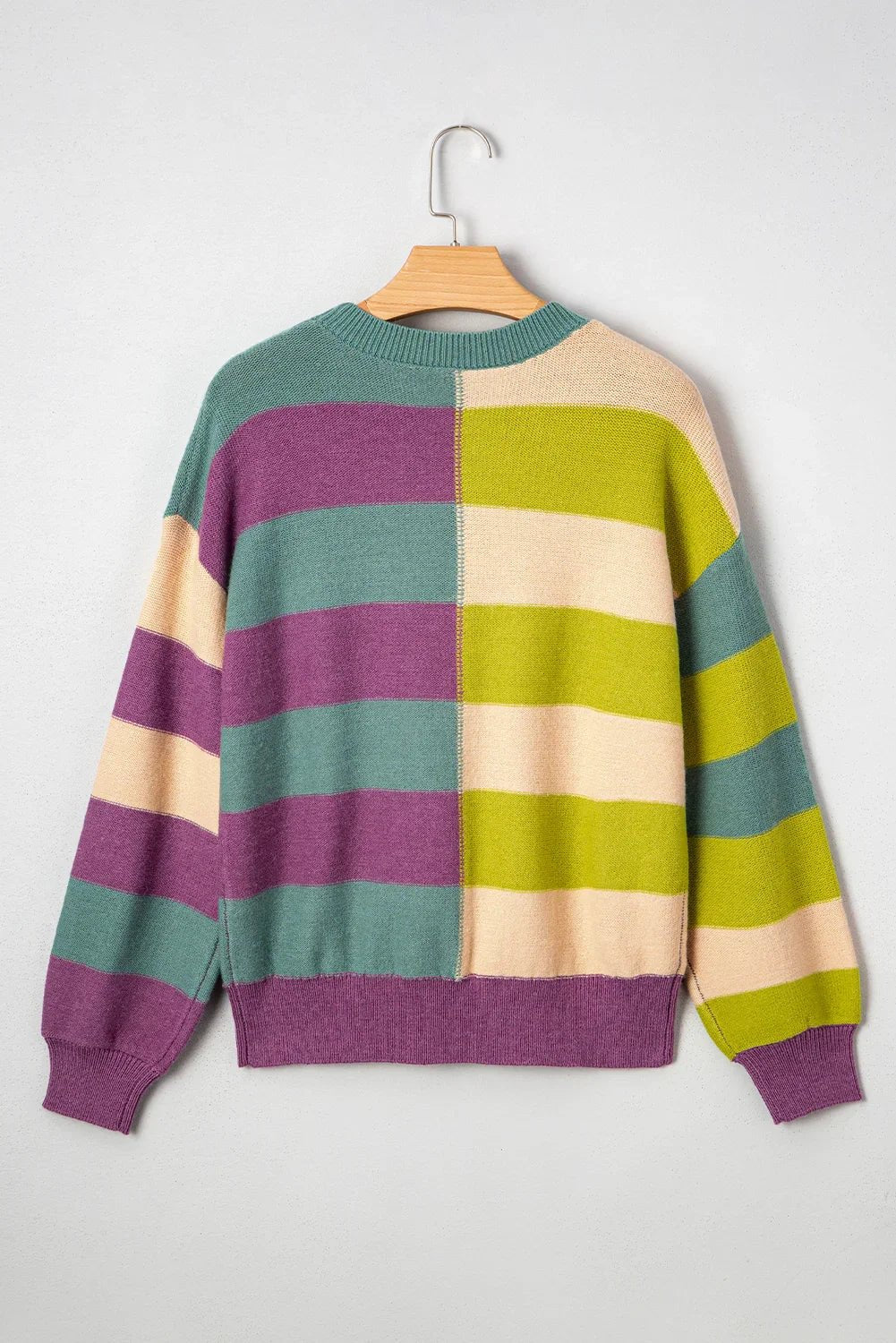 Women's Sweater - Green Stripe Colorblock Drop Shoulder - minbolu -