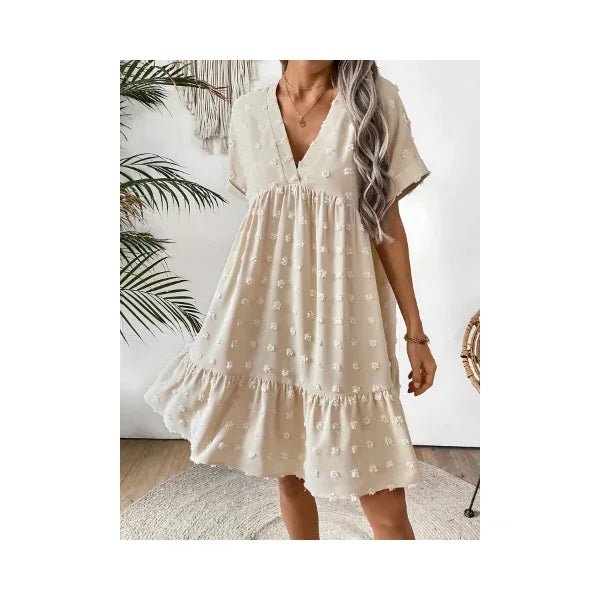 Women's Swiss Dot Mini Dress with Ruffled Hem - Beige Polyester - minbolu -