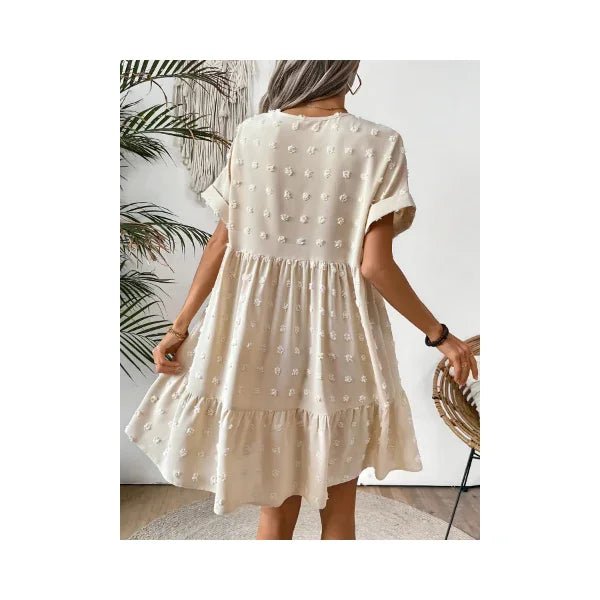 Women's Swiss Dot Mini Dress with Ruffled Hem - Beige Polyester - minbolu -