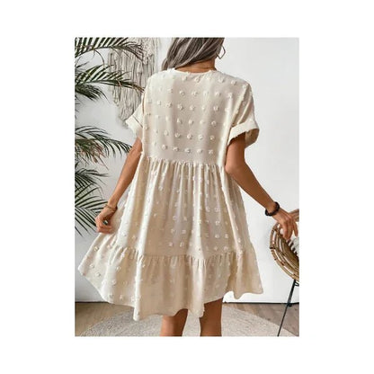 Women's Swiss Dot Mini Dress with Ruffled Hem - Beige Polyester - minbolu -