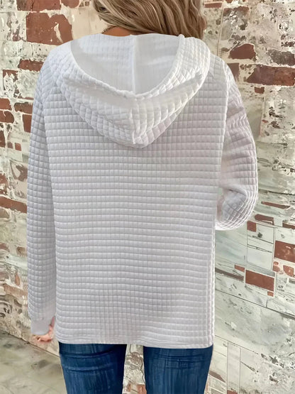 Women's Textured Long Sleeve Hoodie - Drawstring Pullover Top - minbolu -