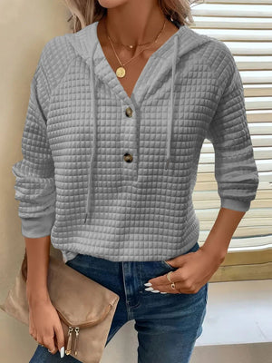 Women's Textured Long Sleeve Hoodie - Drawstring Pullover Top - minbolu -