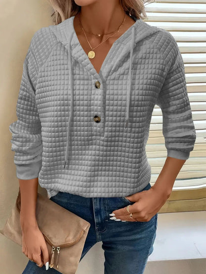 Women's Textured Long Sleeve Hoodie - Drawstring Pullover Top - minbolu -
