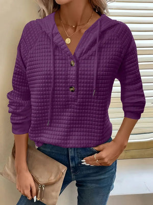 Women's Textured Long Sleeve Hoodie - Drawstring Pullover Top - minbolu -