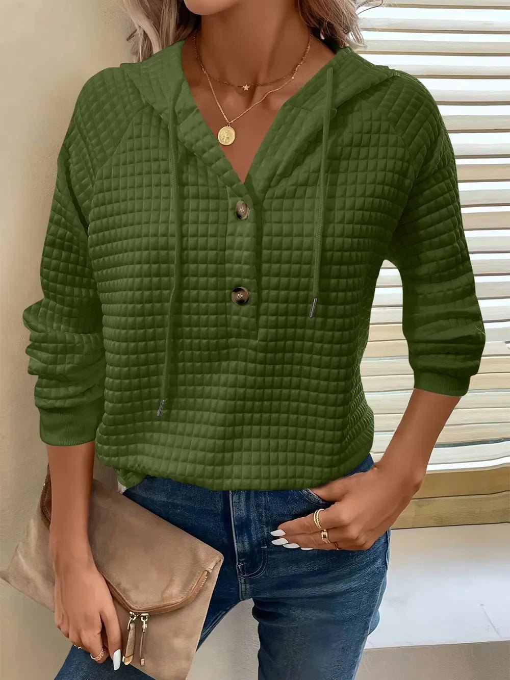 Women's Textured Long Sleeve Hoodie - Drawstring Pullover Top - minbolu -