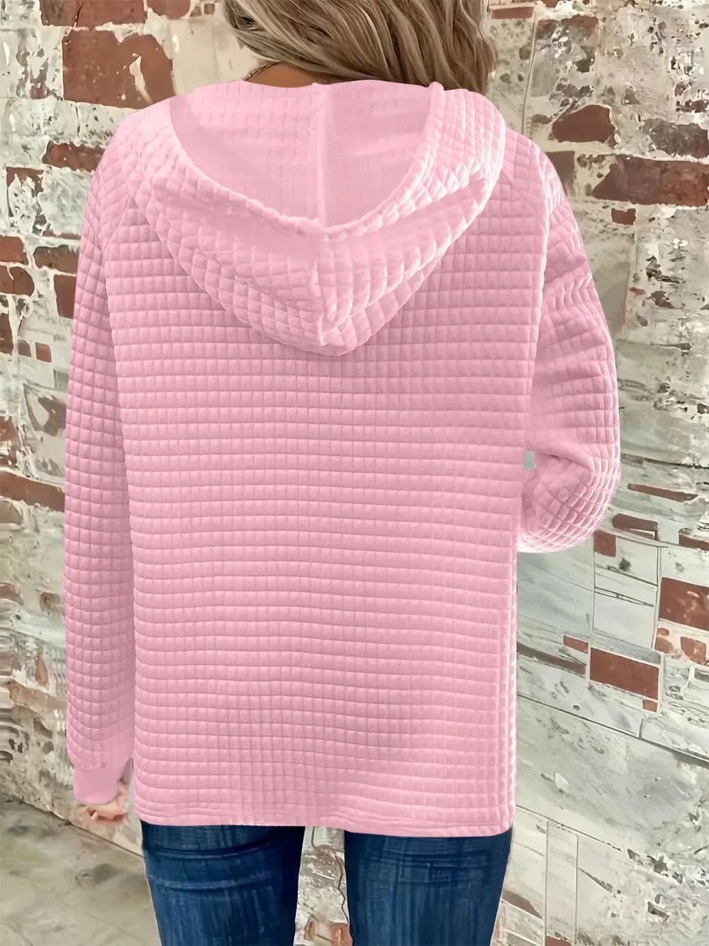 Women's Textured Long Sleeve Hoodie - Drawstring Pullover Top - minbolu -