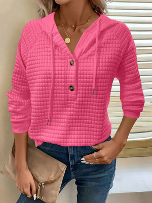 Women's Textured Long Sleeve Hoodie - Drawstring Pullover Top - minbolu -