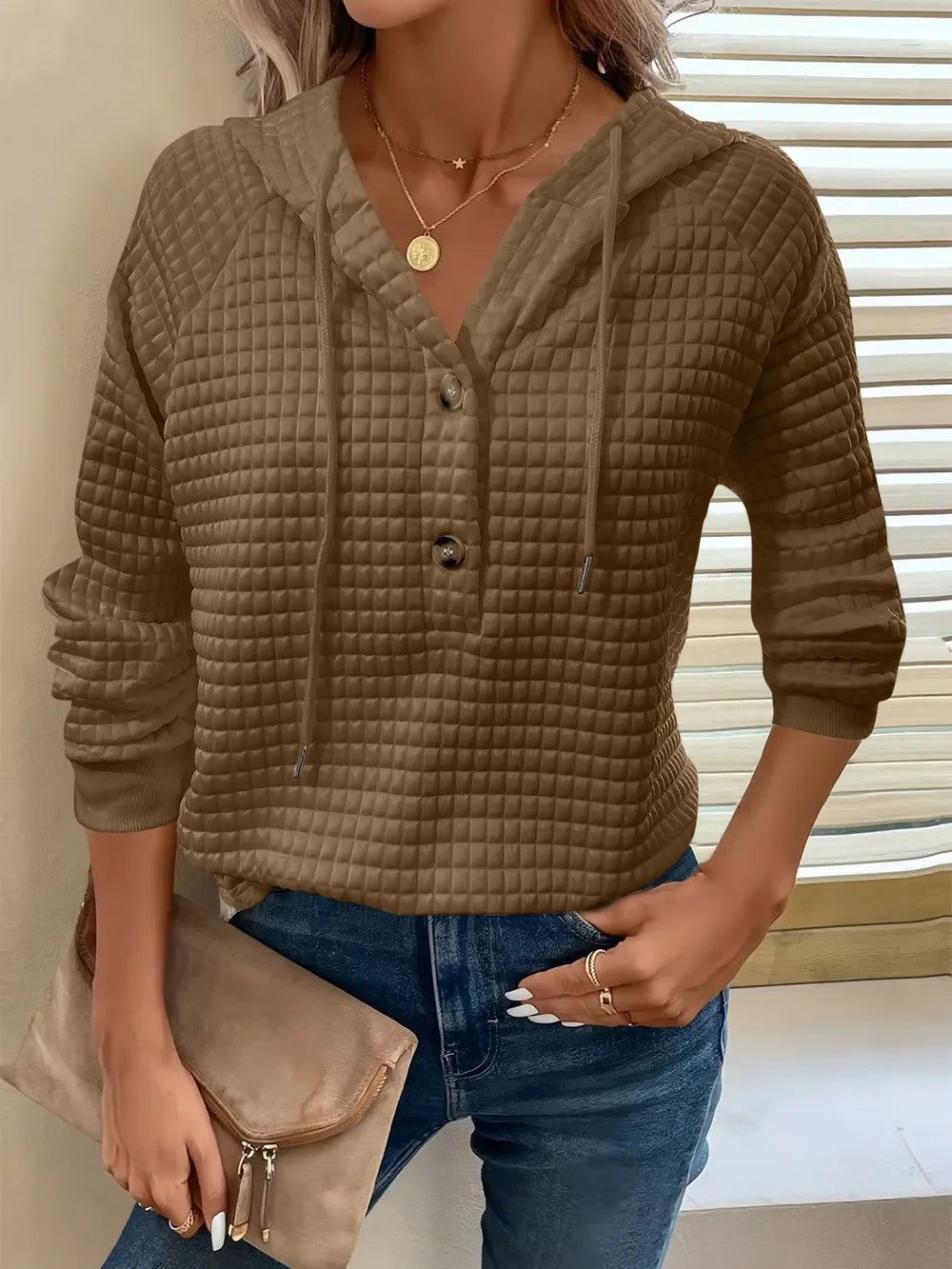 Women's Textured Long Sleeve Hoodie - Drawstring Pullover Top - minbolu -