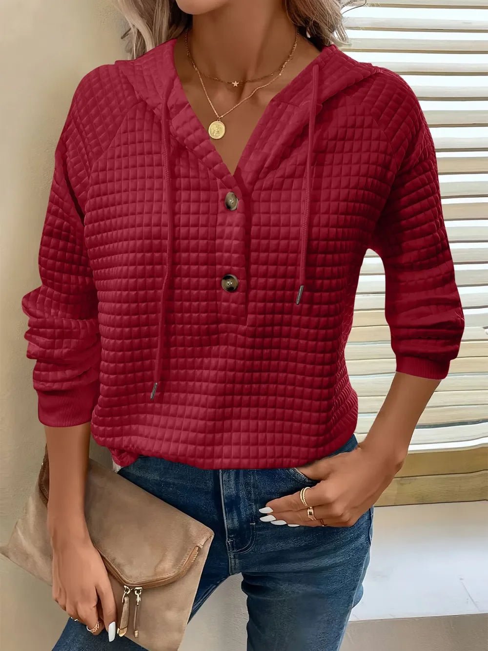 Women's Textured Long Sleeve Hoodie - Drawstring Pullover Top - minbolu -