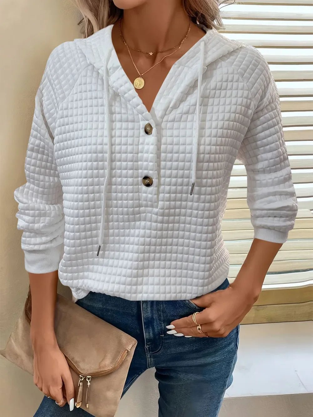 Women's Textured Long Sleeve Hoodie - Drawstring Pullover Top - minbolu -