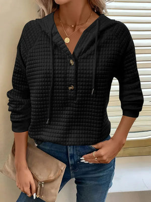 Women's Textured Long Sleeve Hoodie - Drawstring Pullover Top - minbolu -