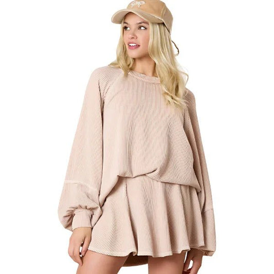 Women's Top and Skirt Set - Corded Lantern Sleeve Pullover with Ruffle Mini Skirt - minbolu