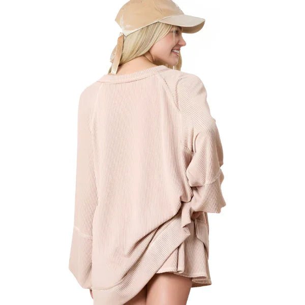 Women's Top and Skirt Set - Corded Lantern Sleeve Pullover with Ruffle Mini Skirt - minbolu -