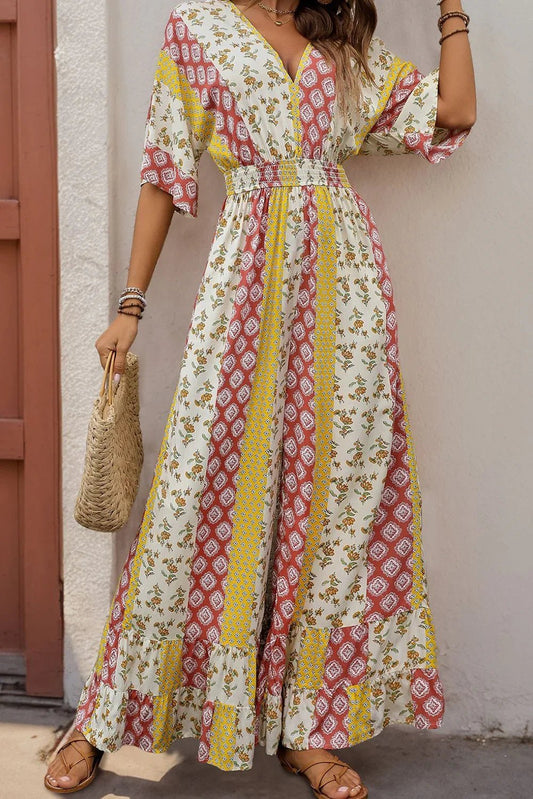 Yellow Boho V Neck Half Sleeve Patchwork Jumpsuit - minbolu