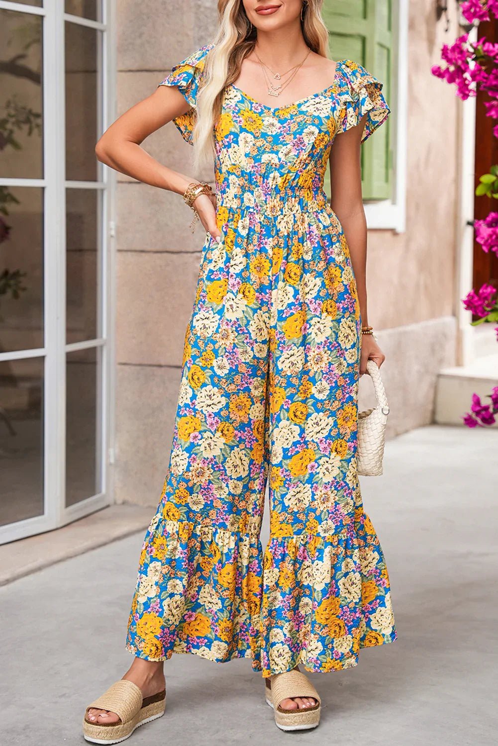 Yellow Floral Allover Print Shirred Cut Out High Waist Jumpsuit - minbolu