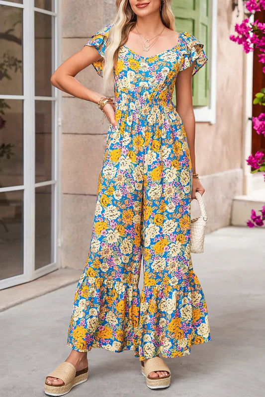 Yellow Floral Allover Print Shirred Cut Out High Waist Jumpsuit - minbolu