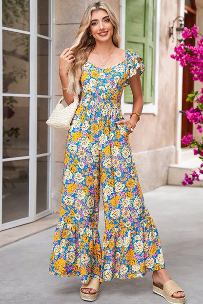 Yellow Floral Allover Print Shirred Cut Out High Waist Jumpsuit - minbolu
